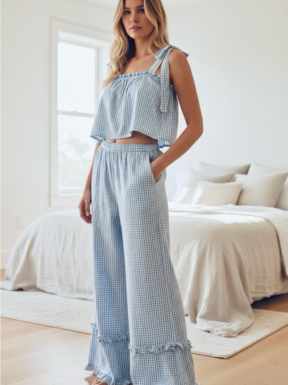 Gingham Wide-Leg Lounge Set in Light Blue NWOT - Picture 7 of 7